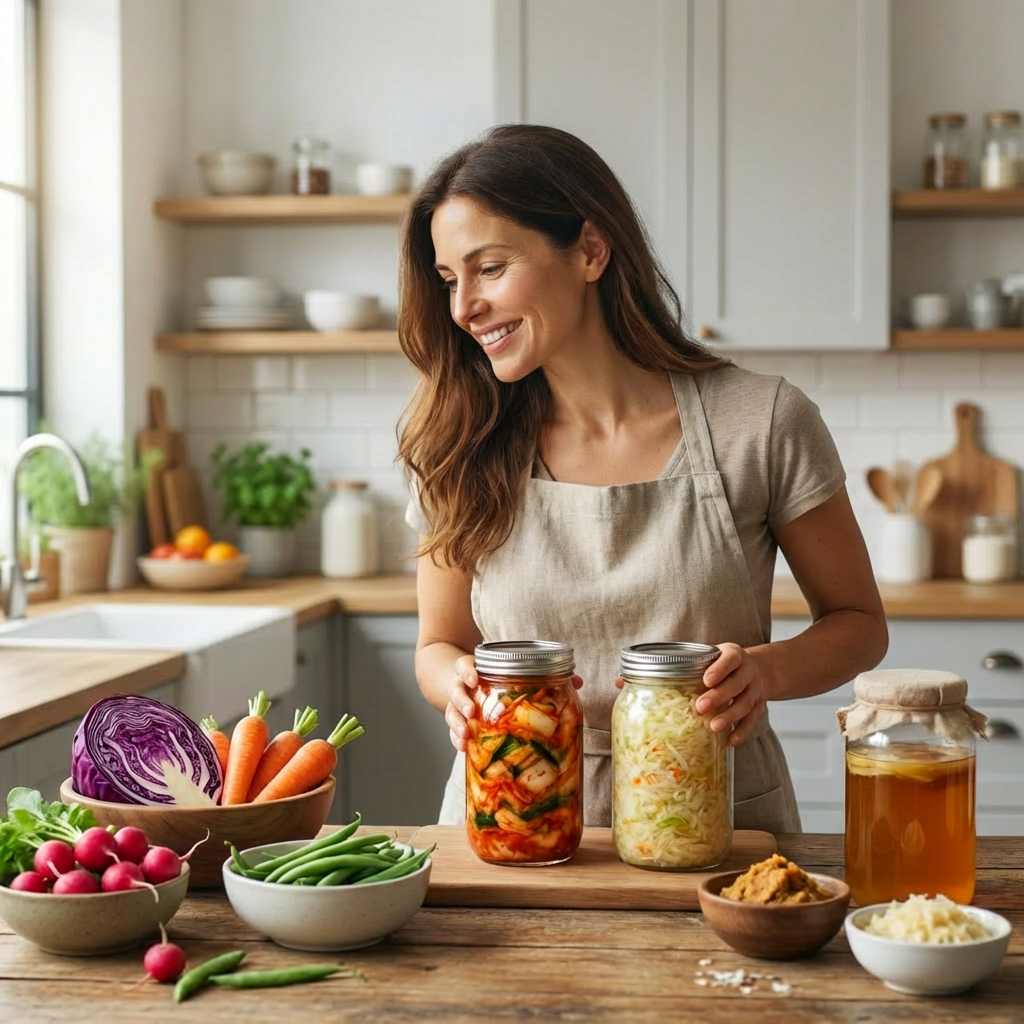 A woman displaying fermented foods with a conceptual graphic representing beneficial gut bacteria.